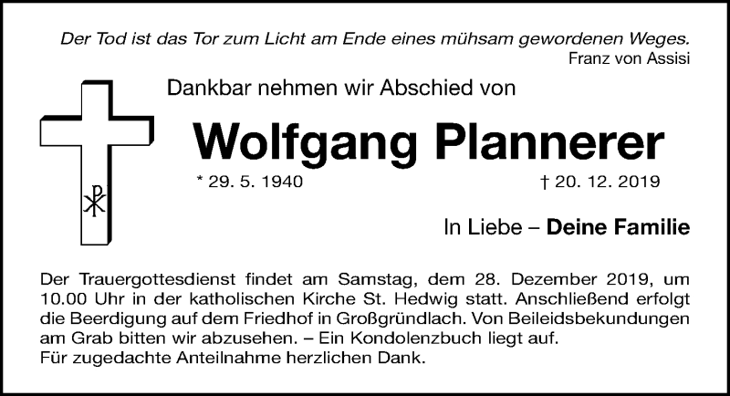  Traueranzeige für Wolfgang Plannerer vom 24.12.2019 aus Gesamtausgabe Nürnberger Nachrichten/ Nürnberger Ztg.