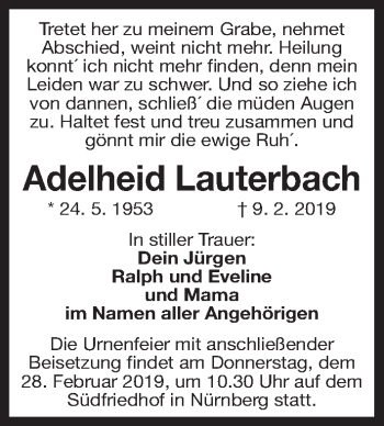 Traueranzeige von Adelheid Lauterbach von Gesamtausgabe Nürnberger Nachrichten/ Nürnberger Ztg.