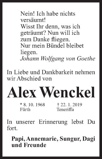 Traueranzeige von Alex Wenckel von Gesamtausgabe Nürnberger Nachrichten/ Nürnberger Ztg.