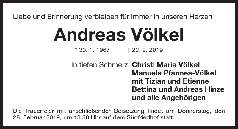  Traueranzeige für Andreas Völkel vom 26.02.2019 aus Gesamtausgabe Nürnberger Nachrichten/ Nürnberger Ztg.