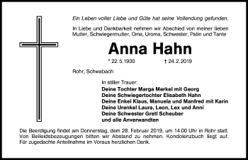 Traueranzeige von Anna Hahn von Schwabach
