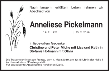 Traueranzeige von Anneliese Pickelmann von Gesamtausgabe Nürnberger Nachrichten/ Nürnberger Ztg.
