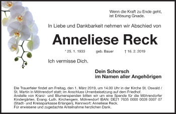 Traueranzeige von Anneliese Reck von Erlanger Nachrichten Lokal