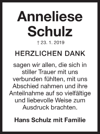 Traueranzeige von Anneliese Schulz von Gesamtausgabe Nürnberger Nachrichten/ Nürnberger Ztg.