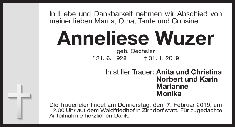 Traueranzeige für Anneliese Wuzer vom 05.02.2019 aus Gesamtausgabe Nürnberger Nachrichten/ Nürnberger Ztg.