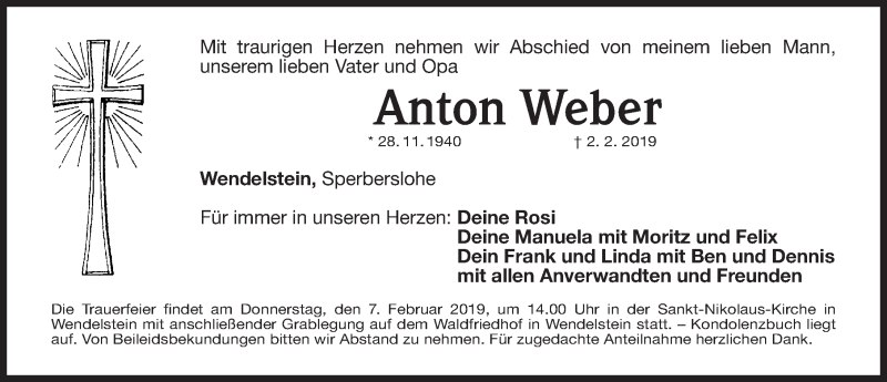  Traueranzeige für Anton Weber vom 05.02.2019 aus Gesamtausgabe Nürnberger Nachrichten/ Nürnberger Ztg.