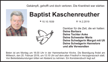Traueranzeige von Baptist Kaschenreuther von Nordbayerische Nachrichten Herzogenaurach Lokal