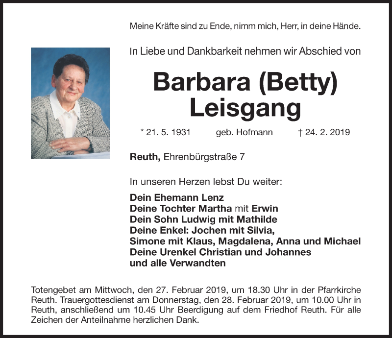  Traueranzeige für Barbara Leisgang vom 26.02.2019 aus Nordbayerische Nachrichten Forchheim Lokal