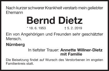 Traueranzeige von Bernd Dietz von Gesamtausgabe Nürnberger Nachrichten/ Nürnberger Ztg.