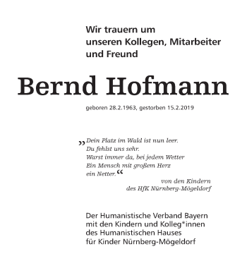 Traueranzeige von Bernd Hofmann von Gesamtausgabe Nürnberger Nachrichten/ Nürnberger Ztg.