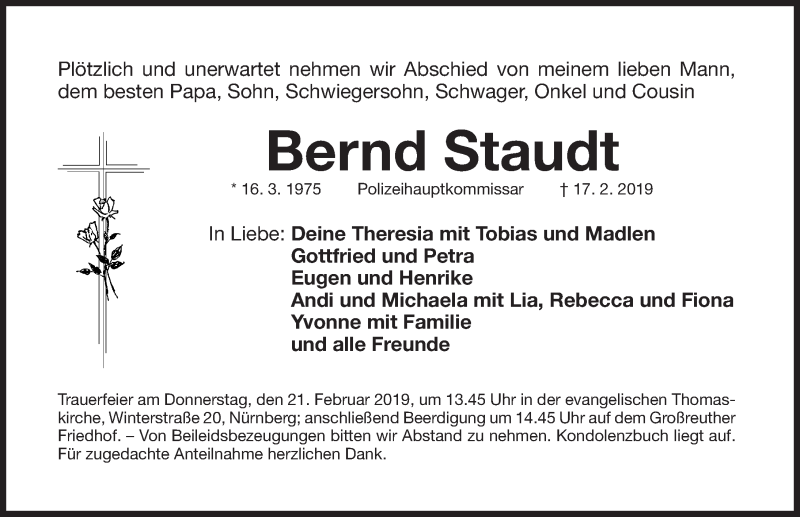  Traueranzeige für Bernd Staudt vom 20.02.2019 aus Gesamtausgabe Nürnberger Nachrichten/ Nürnberger Ztg.