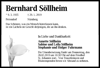 Traueranzeige von Bernhard Söllheim von Gesamtausgabe Nürnberger Nachrichten/ Nürnberger Ztg.