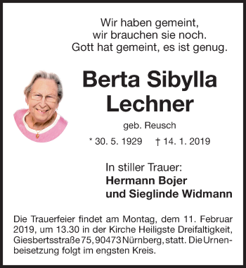Traueranzeige von Berta Sibylla Lechner von Gesamtausgabe Nürnberger Nachrichten/ Nürnberger Ztg.