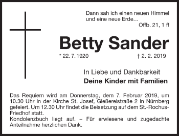 Traueranzeige von Betty Sander von Gesamtausgabe Nürnberger Nachrichten/ Nürnberger Ztg.