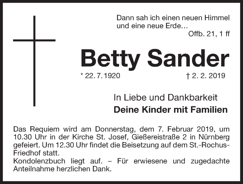  Traueranzeige für Betty Sander vom 05.02.2019 aus Gesamtausgabe Nürnberger Nachrichten/ Nürnberger Ztg.
