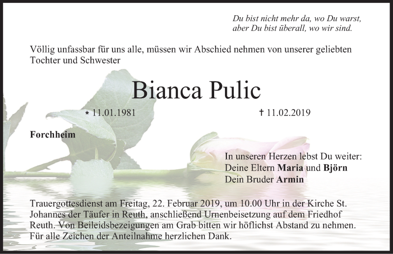  Traueranzeige für Bianca Pulic vom 19.02.2019 aus Nordbayerische Nachrichten Forchheim Lokal