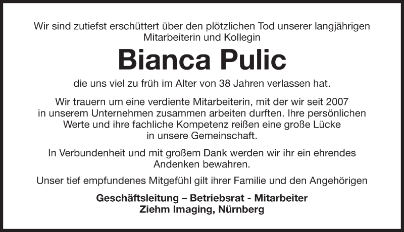  Traueranzeige für Bianca Pulic vom 19.02.2019 aus Nordbayerische Nachrichten Forchheim Lokal