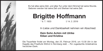 Traueranzeige von Brigitte Hoffmann von Gesamtausgabe Nürnberger Nachrichten/ Nürnberger Ztg.