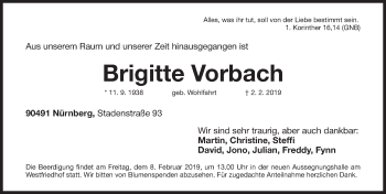 Traueranzeige von Brigitte Vorbach von Gesamtausgabe Nürnberger Nachrichten/ Nürnberger Ztg.