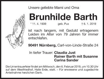 Traueranzeige von Brunhilde Barth von Gesamtausgabe Nürnberger Nachrichten/ Nürnberger Ztg.