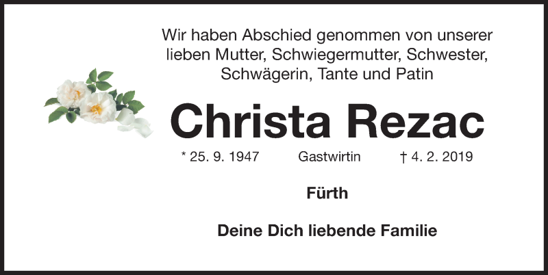  Traueranzeige für Christa Rezac vom 16.02.2019 aus Fürther Nachrichten Lokal