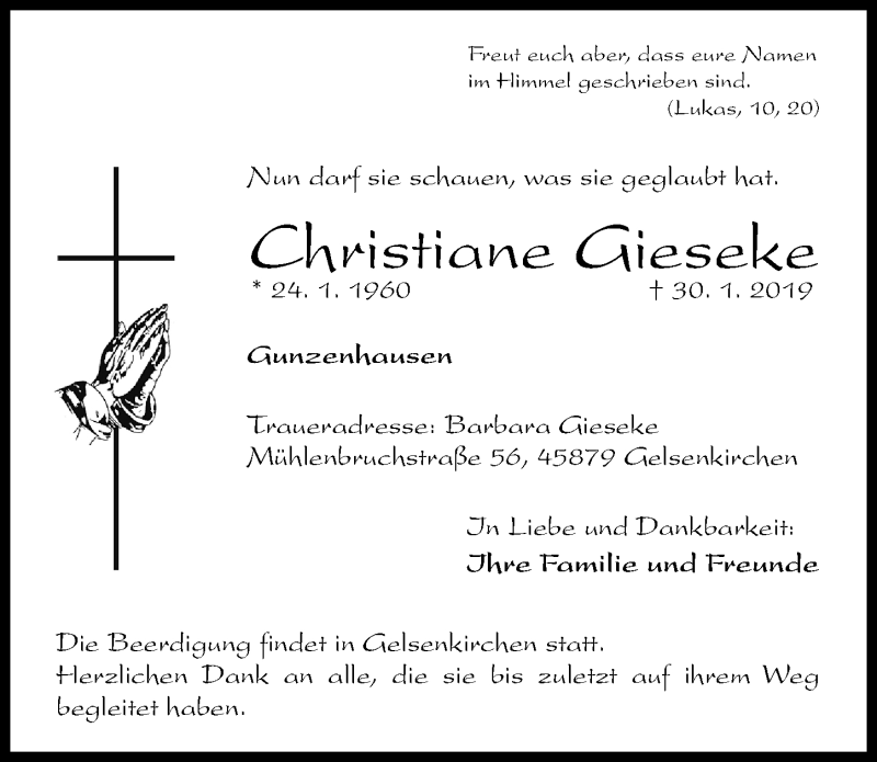  Traueranzeige für Christiane Gieseke vom 02.02.2019 aus Altmühl-Bote Lokal