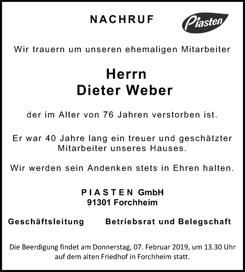  Traueranzeige für Dieter Weber vom 06.02.2019 aus Nordbayerische Nachrichten Forchheim Lokal