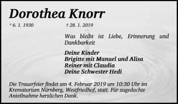 Traueranzeige von Dorothea Knorr von Gesamtausgabe Nürnberger Nachrichten/ Nürnberger Ztg.