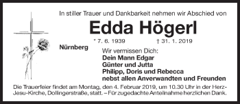 Traueranzeige von Edda Högerl von Gesamtausgabe Nürnberger Nachrichten/ Nürnberger Ztg.
