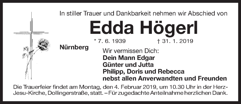  Traueranzeige für Edda Högerl vom 02.02.2019 aus Gesamtausgabe Nürnberger Nachrichten/ Nürnberger Ztg.
