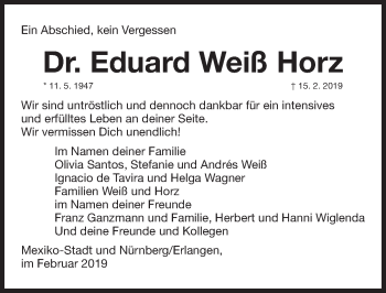 Traueranzeige von Eduard  Weiß Horz von Gesamtausgabe Nürnberger Nachrichten/ Nürnberger Ztg.