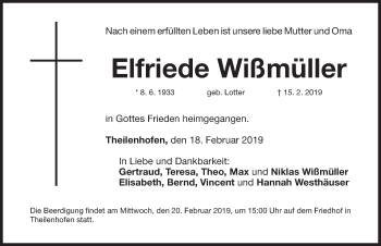 Traueranzeige von Elfriede Wißmüller von Altmühl-Bote Lokal