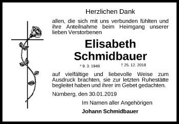Traueranzeige von Elisabeth Schmidbauer von Gesamtausgabe Nürnberger Nachrichten/ Nürnberger Ztg.