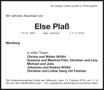 Traueranzeige von Else Plaß von Gesamtausgabe Nürnberger Nachrichten/ Nürnberger Ztg.