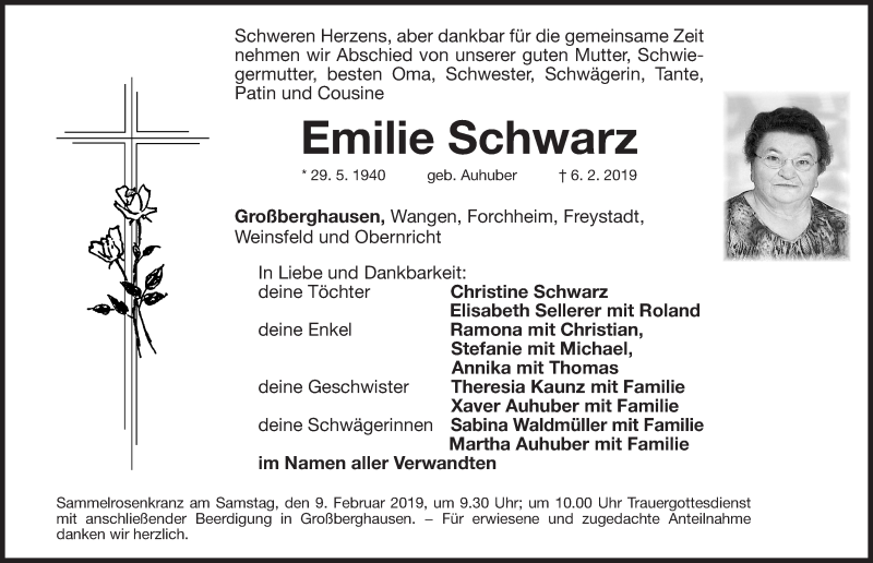  Traueranzeige für Emilie Schwarz vom 09.02.2019 aus Neumarkter Nachrichten Lokal
