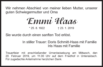Traueranzeige von Emmi Haas von Fürther Nachrichten Lokal