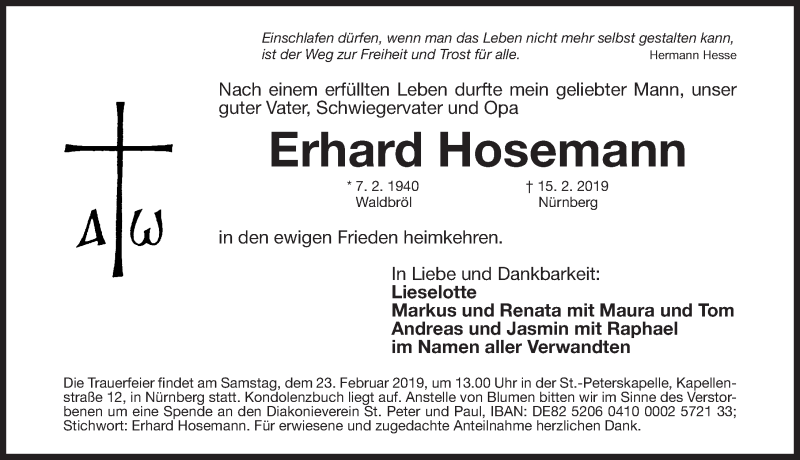  Traueranzeige für Erhard Hosemann vom 20.02.2019 aus Gesamtausgabe Nürnberger Nachrichten/ Nürnberger Ztg.