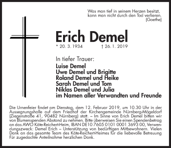 Traueranzeige von Erich Demel von Gesamtausgabe Nürnberger Nachrichten/ Nürnberger Ztg.