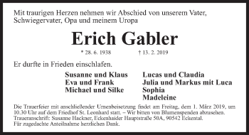 Traueranzeige von Erich Gabler von Gesamtausgabe Nürnberger Nachrichten/ Nürnberger Ztg.