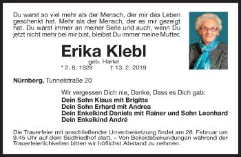 Traueranzeige von Erika Klebl von Gesamtausgabe Nürnberger Nachrichten/ Nürnberger Ztg.