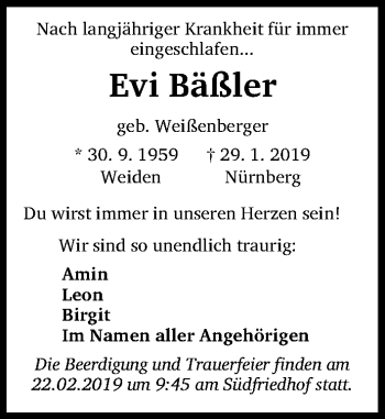 Traueranzeige von Evi Bäßler von Gesamtausgabe Nürnberger Nachrichten/ Nürnberger Ztg.