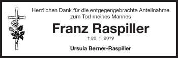 Traueranzeige von Franz Raspiller von Gesamtausgabe Nürnberger Nachrichten/ Nürnberger Ztg.