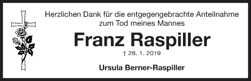  Traueranzeige für Franz Raspiller vom 09.02.2019 aus Gesamtausgabe Nürnberger Nachrichten/ Nürnberger Ztg.