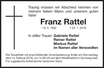 Traueranzeige von Franz Rattel von Gesamtausgabe Nürnberger Nachrichten/ Nürnberger Ztg.