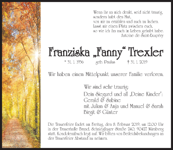 Traueranzeige von Franziska Trexler von Gesamtausgabe Nürnberger Nachrichten/ Nürnberger Ztg.