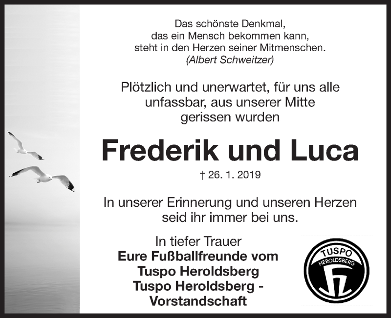  Traueranzeige für Frederik und Luca  vom 02.02.2019 aus Gesamtausgabe Nürnberger Nachrichten/ Nürnberger Ztg.