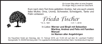 Traueranzeige von Frieda Fischer von Gesamtausgabe Nürnberger Nachrichten/ Nürnberger Ztg.