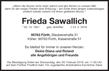 Traueranzeige von Frieda Sawallich von Fürther Nachrichten Lokal