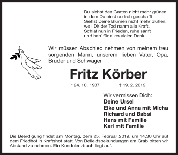 Traueranzeige von Fritz Körber von Gesamtausgabe Nürnberger Nachrichten/ Nürnberger Ztg.