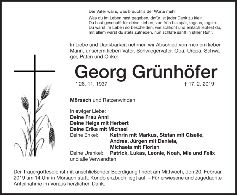  Traueranzeige für Georg Grünhöfer vom 19.02.2019 aus Altmühl-Bote Lokal